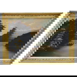 19th Century Oil on Canvas Lake Scene by Julia Cramer Gerling: 19th Century Oil on Canvas Lake Scene by Julia Cramer Gerling This exquisite antique oil on canvas painting depicts a serene mountain lake scene, crafted by Julia Cramer Gerling in the manner of Thoma