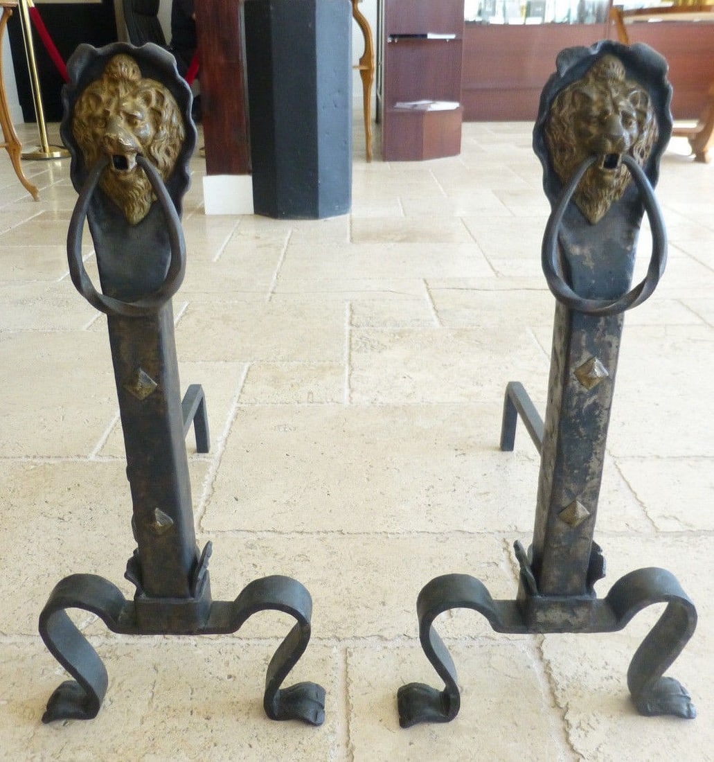 Antique Craftsman Style Lion Andirons Black Iron 1900-1915 Pair: Antique Craftsman Style Lion Andirons Black Iron 1900-1915 Pair This exquisite pair of Craftsman Style andirons features intricately designed lion heads, making them a striking addition to any firepla