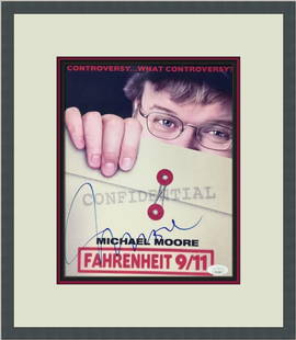 Michael Moore Signed 8x10 Photo Fahrenheit 9/11 Custom Framed JSA COA 14 x 16: Michael Moore Signed 8x10 Photo Fahrenheit 9/11 Custom Framed JSA COA 14 x 16 This is a signed 8x10 photograph from the movie 'Fahrenheit 9/11', featuring the signature of director Michael Moore. The