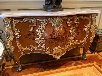 Pair of 19th Century French Louis XV Marble Bronze Commode: Pair of 19th Century French Louis XV Marble Bronze Commode This exquisite pair of 19th century French commodes embodies the elegance of the Louis XV style. Each piece features a stunning marble top se