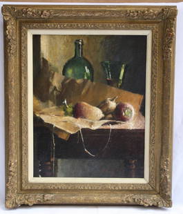 1973 Allen McCurdy Still Life Oil Painting Framed Signed: 1973 Allen McCurdy Still Life Oil Painting Framed Signed This stunning oil on canvas painting features a captivating still life composition by renowned American artist Allen McCurdy, created in 1973.