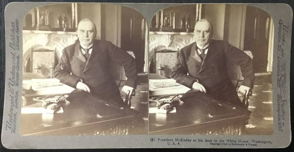 1898 Original Stereoview of President William McKinley in White House: 1898 Original Stereoview of President William McKinley in White House This original stereoview captures President William McKinley during his first photo in the White House, produced in 1898. It featu