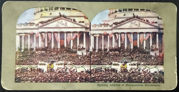 Theodore Roosevelt 1905 Inauguration Address Color Stereoview Card 3" x 7" Original: Theodore Roosevelt 1905 Inauguration Address Color Stereoview Card 3" x 7" Original This original stereoview card features President Theodore Roosevelt's Inauguration Address, capturing a significant
