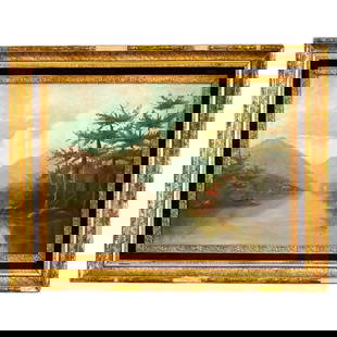 Circa 1890 Antique Hand-Painted Landscape Oil Painting in Giltwood Frame: Circa 1890 Antique Hand-Painted Landscape Oil Painting in Giltwood Frame This exquisite antique oil on canvas landscape painting, dating circa 1890, features a serene mountain lake scene and is beauti