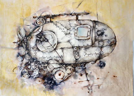 Y.SUBMARINE by Khoren Keshishyan Framed Abstract Painting 20 x 25.5 Mixed Media 2018: Y.SUBMARINE by Khoren Keshishyan Framed Abstract Painting 20 x 25.5 Mixed Media 2018 "Y.SUBMARINE" is an abstract painting by Khoren Keshishyan, created in 2018. Measuring 20 x 25.5 inches, this piece
