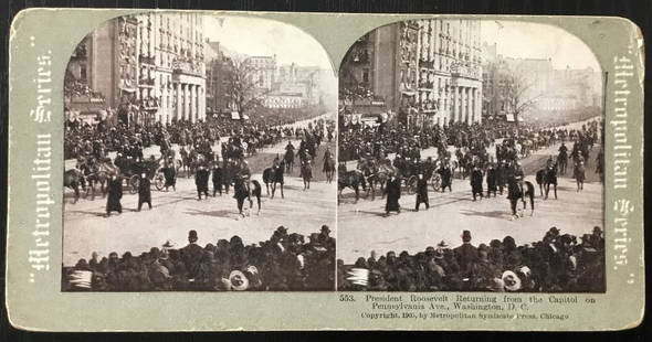 1905 Theodore Roosevelt Black & White Stereoview Card Original: 1905 Theodore Roosevelt Black & White Stereoview Card Original This vintage original stereoview card features President Theodore Roosevelt returning from the Capitol. Produced in 1905 by the Metropoli
