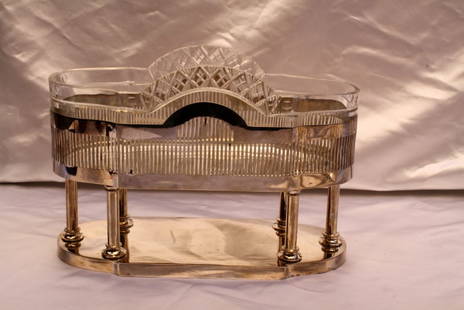 European Art Deco Silver Plate Cut Glass Centerpiece Signed Paris: European Art Deco Silver Plate Cut Glass Centerpiece Signed Paris This exquisite European Art Deco centerpiece showcases a stunning combination of silver plate and a cut crystal glass insert. With int