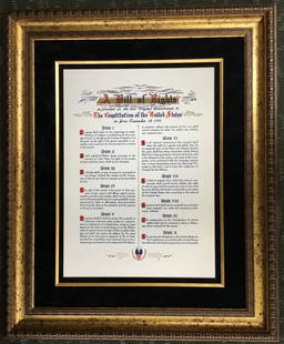 Signed Custom Framed Bill of Rights Replica 34 x 28: Signed Custom Framed Bill of Rights Replica 34 x 28 This exquisite replica of The Bill Of Rights is custom framed and signed, making it a unique addition to any collection. The document measures 22" x