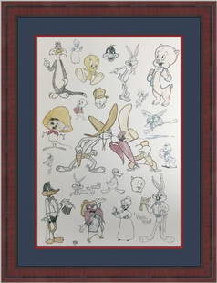 Virgil Ross Signed Looney Tunes Custom Framed Print 41 x 31: Virgil Ross Signed Looney Tunes Custom Framed Print 41 x 31 This custom framed print features a delightful illustration of iconic Looney Tunes characters, including Bugs Bunny, Daffy Duck, Porky Pig,