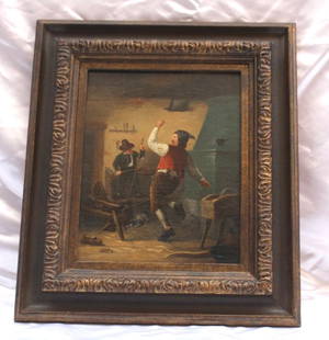 19th Century German Oil Painting by Georges Rene Framed Art: 19th Century German Oil Painting by Georges Rene Framed Art This exquisite 19th century German oil painting on canvas, created by artist Georges Rene, captures a lively scene depicting a man dancing w