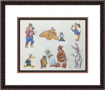 Virgil Ross Signed Looney Tunes Model Sheet Framed 19 x 23: Virgil Ross Signed Looney Tunes Model Sheet Framed 19 x 23 This original model sheet drawing features iconic characters from the Looney Tunes franchise, including Bugs Bunny, The Three Bears, Beaky Bu