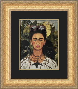 Frida Kahlo Self-Portrait Print Custom Framed 19 x 17 Art: Frida Kahlo Self-Portrait Print Custom Framed 19 x 17 Art This custom framed print features Frida Kahlo's iconic self-portrait titled 'Self-Portrait with Thorn Necklace and Hummingbird.' Created in 19