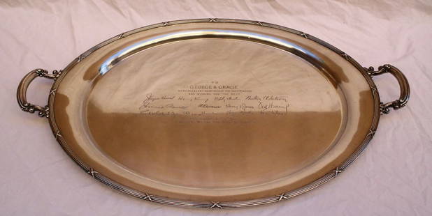 Gorham Sterling Silver Tray Trophy for George Burns Gracie Allen 1937: Gorham Sterling Silver Tray Trophy for George Burns Gracie Allen 1937 This exquisite sterling silver tray trophy, crafted by Gorham, commemorates the illustrious radio program of George Burns and Grac