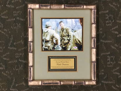 Matt Damon Autographed Saving Private Ryan 8x10 Photo Custom Framed 16x19 PSA/DNA COA: Matt Damon Autographed Saving Private Ryan 8x10 Photo Custom Framed 16x19 PSA/DNA COA This is a custom framed display featuring a signed 8" x 10" photograph of Matt Damon from the acclaimed movie "Sav
