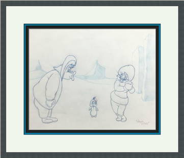 Bugs Bunny Eskimo Penguin Original Production Drawing by Virgil Ross: Bugs Bunny Eskimo Penguin Original Production Drawing by Virgil Ross Celebrate the artistry of animation with this original concept production drawing featuring Bugs Bunny as an Eskimo alongside a Pen