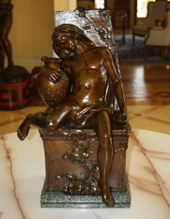 1900 Alphonse Emmanuel Moncel Bronze Sculpture Drunk Boy on Marble Base: 1900 Alphonse Emmanuel Moncel Bronze Sculpture Drunk Boy on Marble Base This exquisite statue, crafted in France circa 1900, showcases the artistry of Alphonse Emmanuel Moncel (1866-1930). The bronze