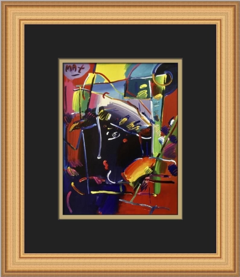 Peter Max Profile on Black Custom Framed Pop Art Print 14 x 12: Peter Max Profile on Black Custom Framed Pop Art Print 14 x 12 This vibrant Peter Max print titled 'Profile on Black' showcases the artist's unique Pop Art style. Measuring 12 in. x 14 in., this mediu