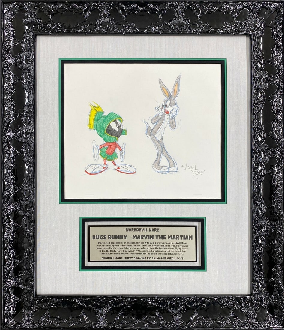 Virgil Ross Signed Bugs Bunny Animation Art Custom Framed 24 x 22: Virgil Ross Signed Bugs Bunny Animation Art Custom Framed 24 x 22 This original signed animation art drawing features Bugs Bunny, crafted by renowned illustrator Virgil Ross. Created in 1990 and produ