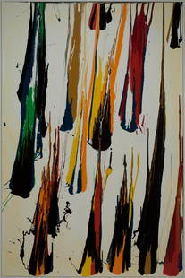 Framed Abstract Painting 'Power of a Plastic Teaspoon' by Yoram Katz 72x48 in: Framed Abstract Painting 'Power of a Plastic Teaspoon' by Yoram Katz 72x48 in Experience the vibrant expression of contemporary art with "Power of a Plastic Teaspoon," a framed abstract painting by Yo