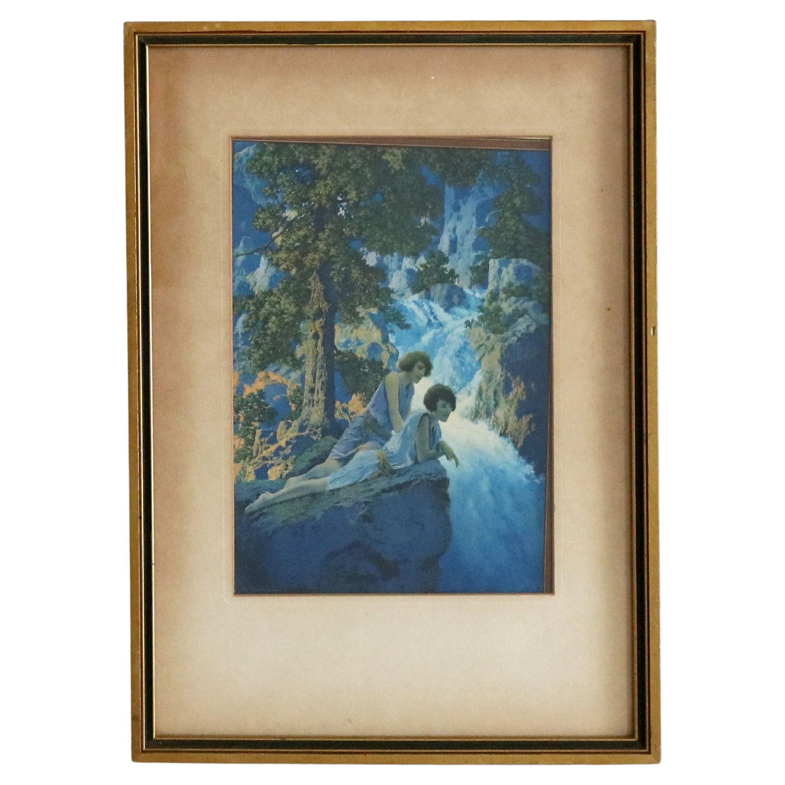 Maxfield Parrish Art Deco Waterfall Calendar Top Print C1930: Maxfield Parrish Art Deco Waterfall Calendar Top Print C1930 This exquisite Art Deco print features the iconic "Waterfall" design by Maxfield Parrish, originally created for the Edison Mazda calendar