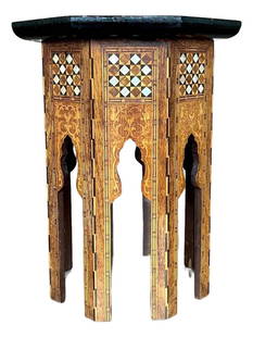 Vintage Boho Inlay Octagonal Drinks Table with Mother-of-Pearl: Vintage Boho Inlay Octagonal Drinks Table with Mother-of-Pearl Elevate your home decor with this stunning vintage boho inlay drinks table, featuring intricate geometric patterns and elegant calligraph