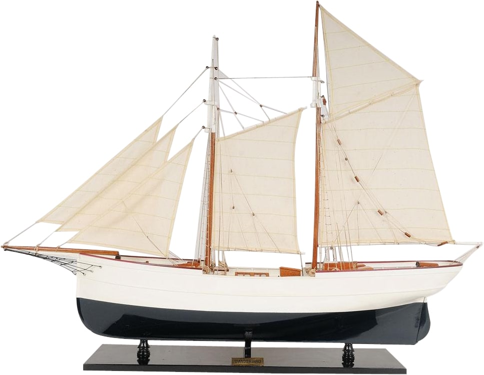 Handmade Nautical Mahogany Ship Model Wander Bird: Handmade Nautical Mahogany Ship Model Wander Bird This museum-quality model of the Wanderbird showcases exquisite craftsmanship with a striking white hull and multiple sails. It is a handmade piece ma