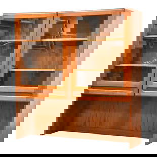 Mid Century Danish Teak Bookcase Display Cabinet 47.25 x 13 x 49: Mid Century Danish Teak Bookcase Display Cabinet 47.25 x 13 x 49 This exquisite mid-century modern bookcase display cabinet features a stunning teak construction complemented by glass doors, showcasin