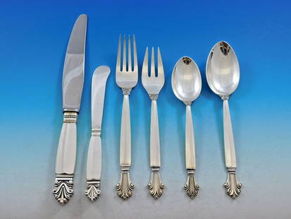 Georg Jensen Acanthus Sterling Silver Flatware Set 72 pcs for 12 with Storage Chest: Georg Jensen Acanthus Sterling Silver Flatware Set 72 pcs for 12 with Storage Chest Elevate your dining experience with the exquisite Acanthus Sterling Silver Flatware Set by Georg Jensen. Crafted fro