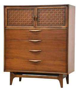Mid Century Modern Lane Perception Walnut Tall Dresser 40 x 18 x 48: Mid Century Modern Lane Perception Walnut Tall Dresser 40 x 18 x 48 A mid century modern walnut tall dresser made by Lane Perception with basket weave doors and sculpted pulls. Circa 1960's. Made in U
