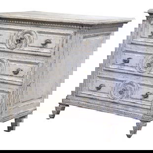 19th Century Louis XVI Hand-Carved Oak Commode Chest in Off-White: 19th Century Louis XVI Hand-Carved Oak Commode Chest in Off-White This exquisite 19th Century Louis XVI commode chest is a stunning example of French craftsmanship. Hand-carved from oak and beautifull