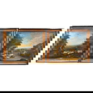 19th Century French Pastoral Paintings Set of 2 in Blackened Frames: 19th Century French Pastoral Paintings Set of 2 in Blackened Frames Enhance your space with this exquisite pair of 19th-century French pastoral paintings, crafted circa 1870. Each hand-painted artwork