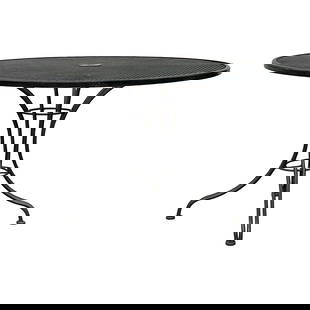 Mid-Century Modern Black Wrought Iron Dining Table by Russell Woodard: Mid-Century Modern Black Wrought Iron Dining Table by Russell Woodard This vintage Mid-Century Modern black wrought iron dining table is a stunning tribute to the iconic designs of Russell Woodard. It