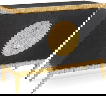 John-Richard Temujin Black Linen Chest with Gold Accents: John-Richard Temujin Black Linen Chest with Gold Accents Introducing an elegant chest of drawers that beautifully combines style and functionality. This striking piece features a sophisticated black l