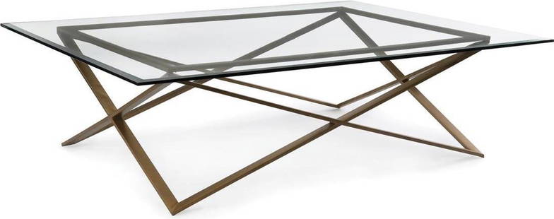 John-Richard Constructivist Square Coffee Table Gold Base Glass Top: John-Richard Constructivist Square Coffee Table Gold Base Glass Top Enhance your living space with this elegant coffee table featuring a sleek glass top and a luxurious gold metal base. The square des