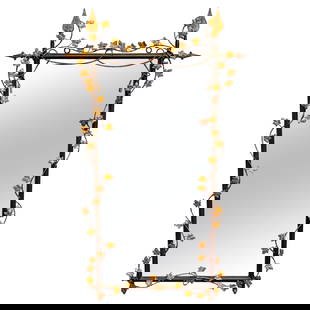 1960s Italian Neoclassical Gilt Polychromed Tole Mirror with Vine Motif: 1960s Italian Neoclassical Gilt Polychromed Tole Mirror with Vine Motif This stunning Italian Gilt & Polychromed Neoclassical Tole Mirror features an exquisite trellis and vine motif. Crafted in the 1