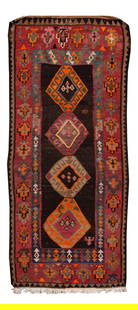 Vintage Kilim Rug 4'10" x 11'4" Wool Geometric Design: Vintage Kilim Rug 4'10" x 11'4" Wool Geometric Design This exquisite hand-woven vintage kilim rug features a warm brown field adorned with a vibrant red frame and multi-colored accents, showcasing an