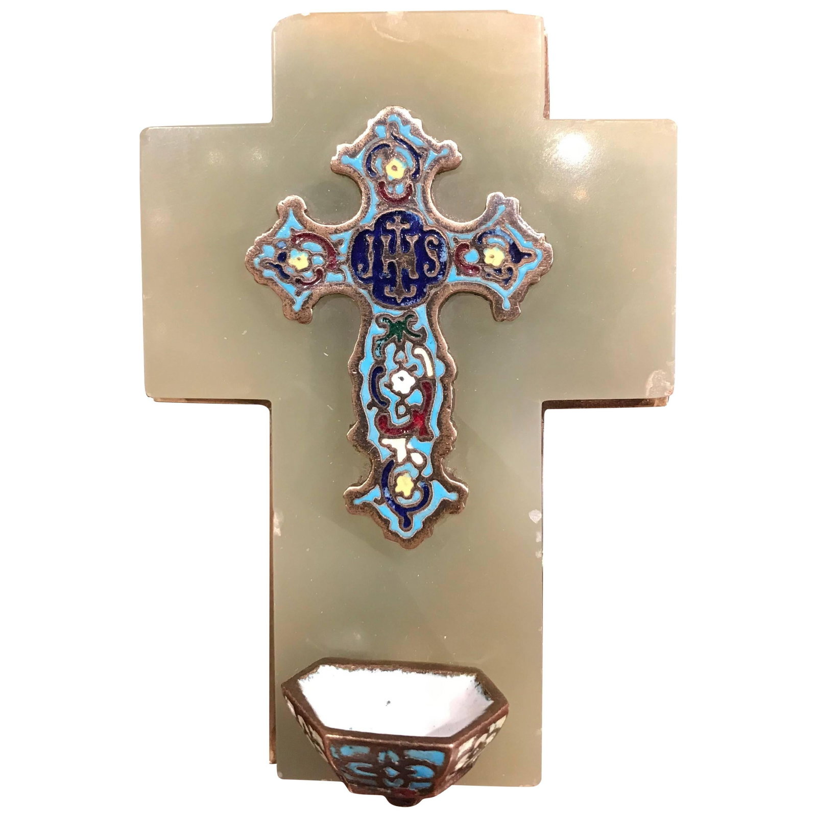 Antique 19th Century French Cloisonne Marble Cross with Holy Water Basin: Antique 19th Century French Cloisonne Marble Cross with Holy Water Basin This exquisite 19th Century French Green Marble Cross with a holy water recipient showcases the intricate cloisonne technique, 