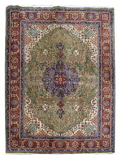 Handcrafted Military Green Persian Tabriz Rug 8' x 11' Silk-like Pile: Handcrafted Military Green Persian Tabriz Rug 8' x 11' Silk-like Pile Enhance your living space with this exquisite handcrafted Military Green Persian Tabriz Rug. Measuring 8' x 11', it features tradi