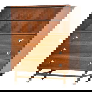 Mid Century Modern Walnut Rosewood Dresser by Stanley 36 x 18.5 x 44.5: Mid Century Modern Walnut Rosewood Dresser by Stanley 36 x 18.5 x 44.5 This mid-century modern tall dresser features a stunning combination of walnut and rosewood, crafted by Stanley Furniture. The pi