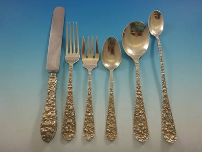 Stieff Rose Sterling Silver Flatware Set 53 Pieces Service for 8 Repousse: Stieff Rose Sterling Silver Flatware Set 53 Pieces Service for 8 Repousse Introducing the exquisite Rose by Stieff Sterling Silver Flatware Set, a stunning collection crafted between 1900 and 1940. Th
