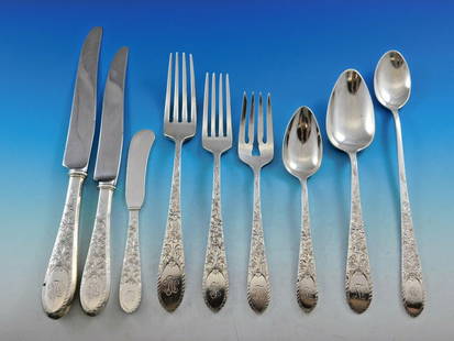 Gorham Elmwood Sterling Silver Flatware Set 36 pcs Antique 1894: Gorham Elmwood Sterling Silver Flatware Set 36 pcs Antique 1894 Discover the elegance of the Elmwood pattern by Gorham, a rare sterling silver flatware set that showcases exquisite craftsmanship from