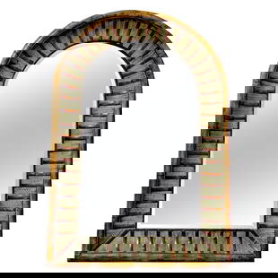 La Barge Arch Top Polychromed Bamboo Mirror 62x44: La Barge Arch Top Polychromed Bamboo Mirror 62x44 This stunning arch-top mirror, attributed to La Barge, showcases exceptional craftsmanship with its polychromed bamboo and leaf motif. Standing an imp