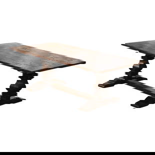 Louis XIII Style French Oak Chestnut Trestle Farm Table Circa 1980: Louis XIII Style French Oak Chestnut Trestle Farm Table Circa 1980 This stunning Late 20th Century French Carved Oak and Chestnut Monastery Trestle Farm Table exemplifies the timeless elegance of Loui
