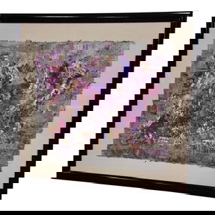 Mid Century Purple Abstract Art 41 x 37.5 Framed Piece: Mid Century Purple Abstract Art 41 x 37.5 Framed Piece This captivating mid-century style abstract art piece features a vibrant purple color scheme, skillfully crafted from paper and paint. It is fram