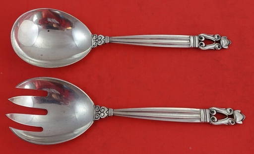 Georg Jensen Acorn Sterling Silver Salad Serving Set 2pc 8in: Georg Jensen Acorn Sterling Silver Salad Serving Set 2pc 8in Enhance your dining experience with this exquisite 2-piece salad serving set from the renowned Acorn pattern by Georg Jensen. Crafted from