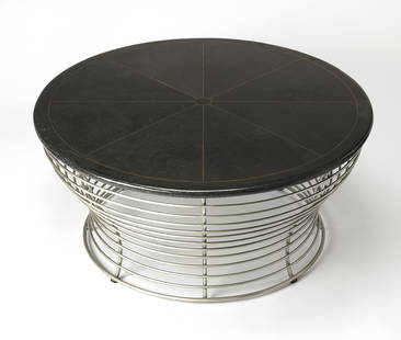 Butler Modern Coffee Table with Brass Metal Hourglass Base: Butler Modern Coffee Table with Brass Metal Hourglass Base Elevate your living space with this Modern Silver Base Fossil Stone Coffee Table. Featuring a striking hourglass base crafted from a durable