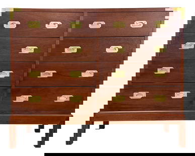 1960s Solid Teak Campaign Dresser with Brass Hardware 8 Drawers: 1960s Solid Teak Campaign Dresser with Brass Hardware 8 Drawers Discover this stunning 1960s refinished solid teak campaign dresser, featuring a stylish design with eight spacious drawers. The dresser