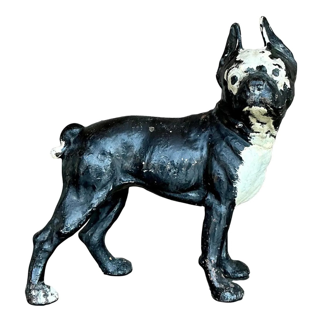 Vintage Boho Patinated Wrought Iron Dog Sculpture: Vintage Boho Patinated Wrought Iron Dog Sculpture Introduce a delightful vintage charm to your home with this Vintage Boho Patinated Wrought Iron Dog sculpture. Modeled after a classic Boston Terrier