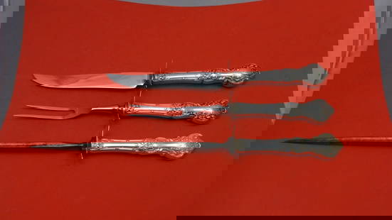 Gorham Fleury Sterling Silver 3pc Carving Set Knife Fork Hone: Gorham Fleury Sterling Silver 3pc Carving Set Knife Fork Hone This exquisite three-piece roast carving set features the elegant Fleury pattern by Gorham. Crafted from high-quality sterling silver, the