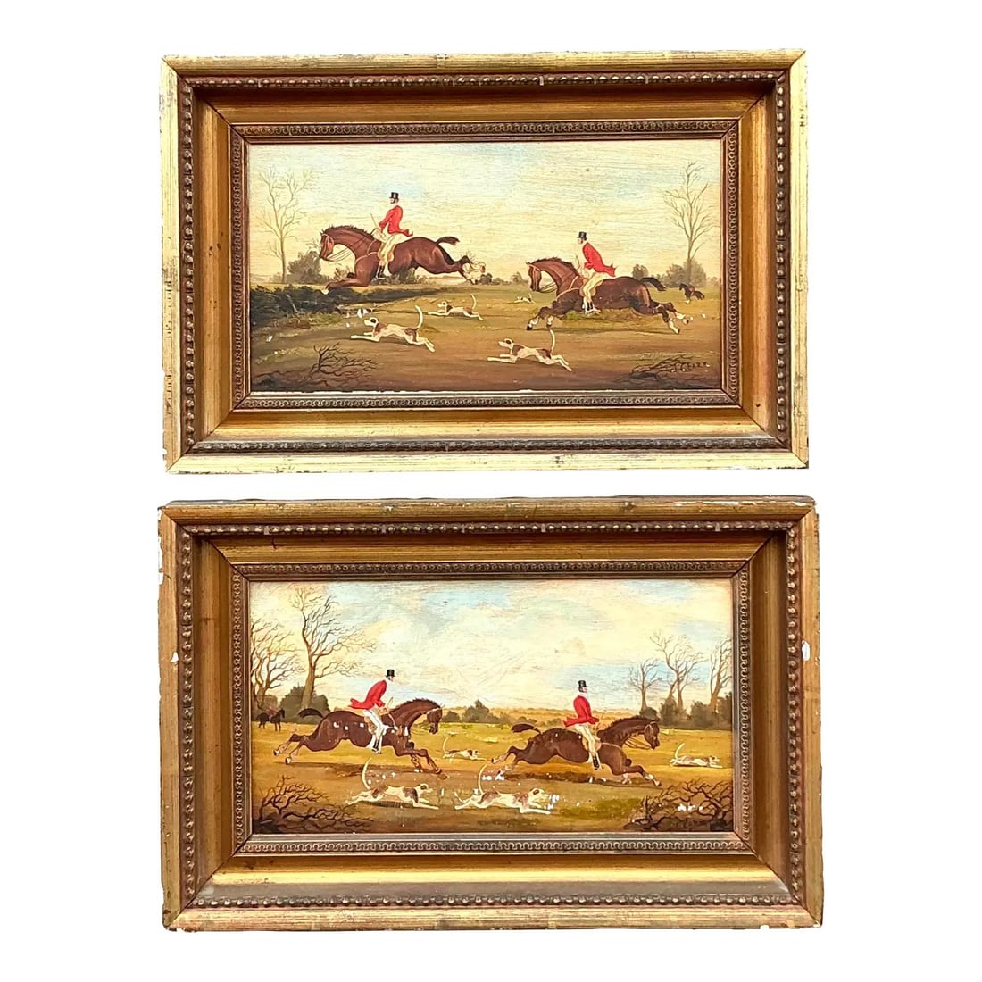 Vintage Regency Pair of Oil Paintings The Hunt Equestrian Art: Vintage Regency Pair of Oil Paintings The Hunt Equestrian Art Experience the excitement of the hunt with this exquisite pair of original Regency-style oil paintings titled "The Hunt." Each artwork viv